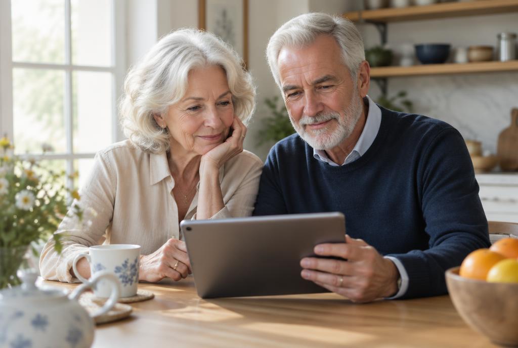 Un couple de seniors consultant une tablette